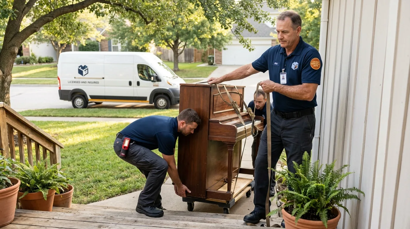 Licensed piano movers securing grand piano in Wylie, TX