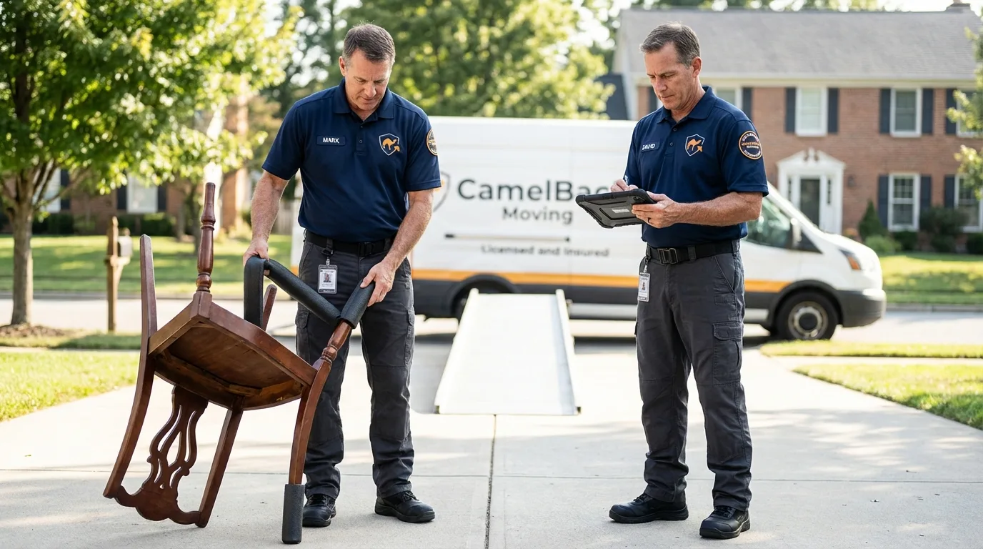 Movers inspecting furniture for damage prevention before loading in Wylie, TX