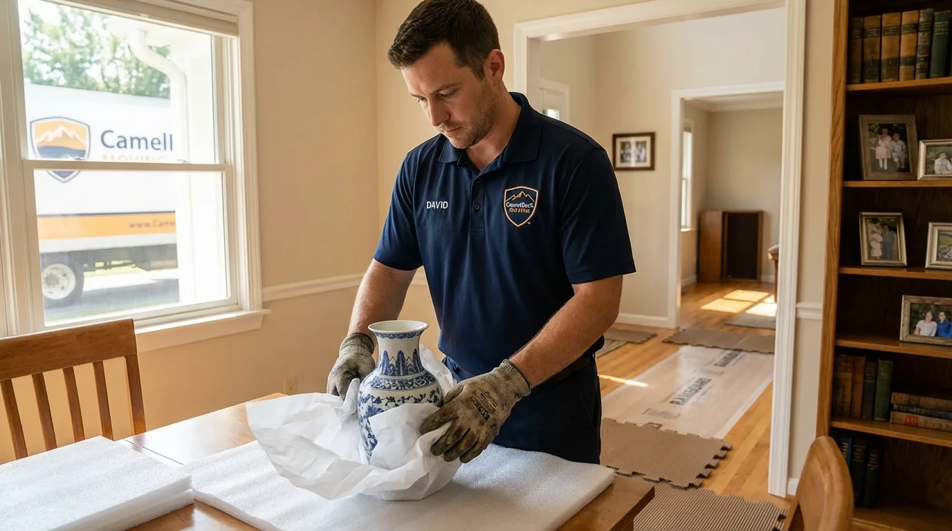 Professional crew carefully wrapping antique vase for senior downsizing move in Wylie, TX